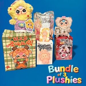 Bundle of Plushies Baby Three & Pop Mart Big Into Energy Labubu Happiness